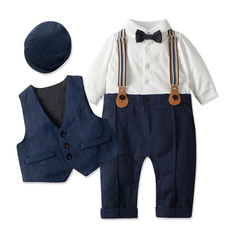 Baby Anzüge Neugeborenen Jungen Kleidung Strampler + Weste + Hut Formelle Kleidung Outfit Party Fliege Kinder Geburtstag Kleid 100cm blau