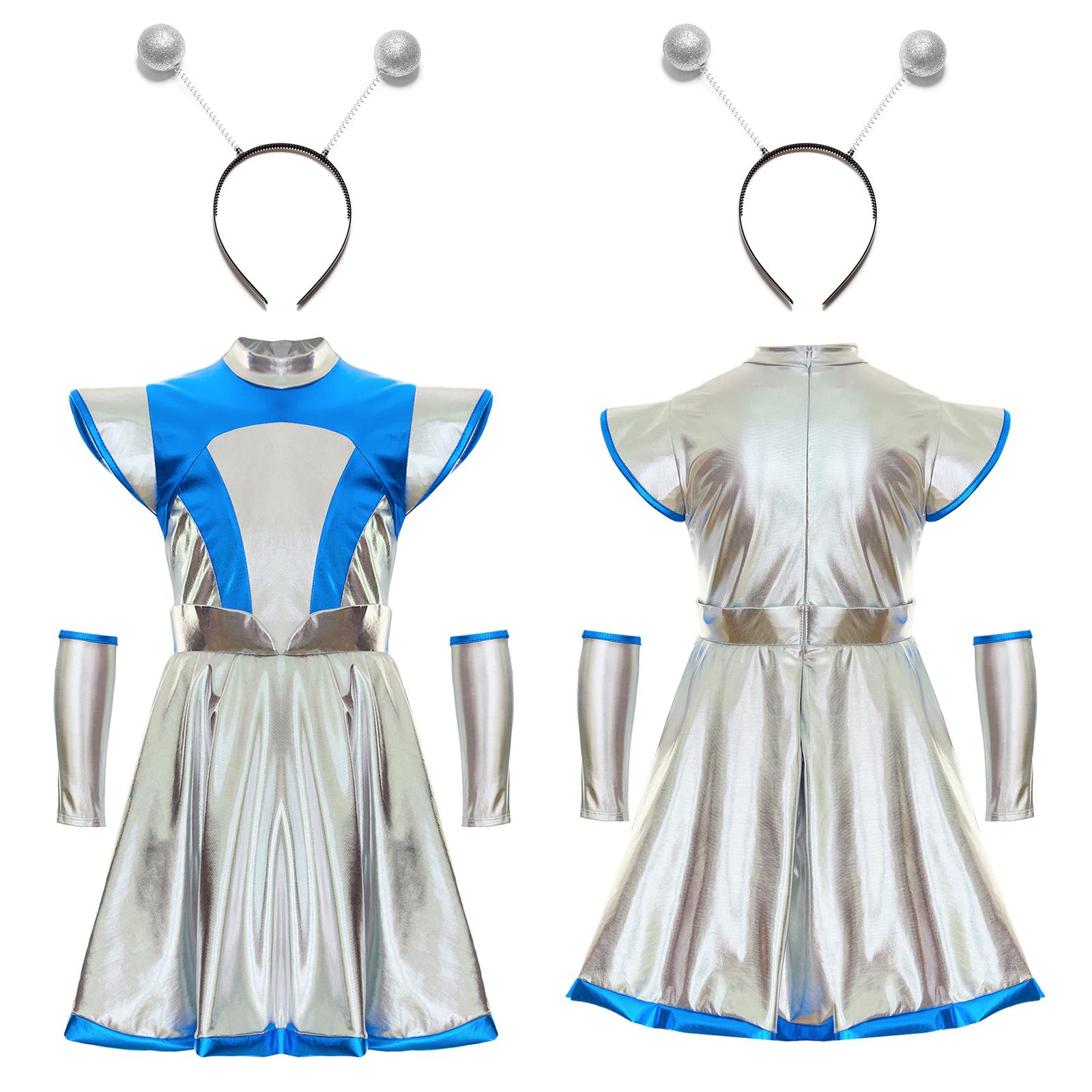 3-teiliges Halloween-Kostüm für Kinder, Mädchen, Alien-Cosplay-Kostüm, Weltraum-Kleid mit Armmanschette und Haarreifen-Zubehör 11-12 Years silber