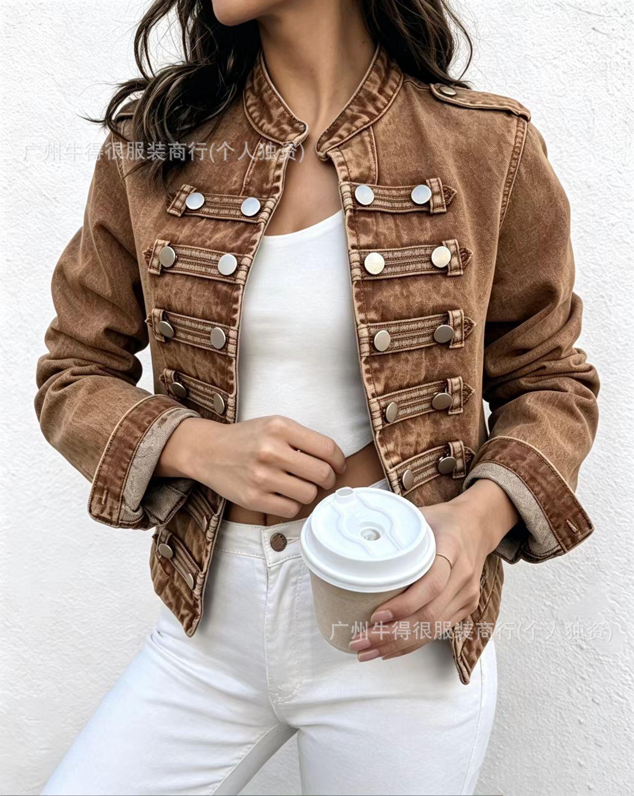 Damen V-Ausschnitt Zweireihige Jeansjacke Langarm Knöpfe Lässig Jeansjacke mit ausgestelltem Ärmel 2XL braun