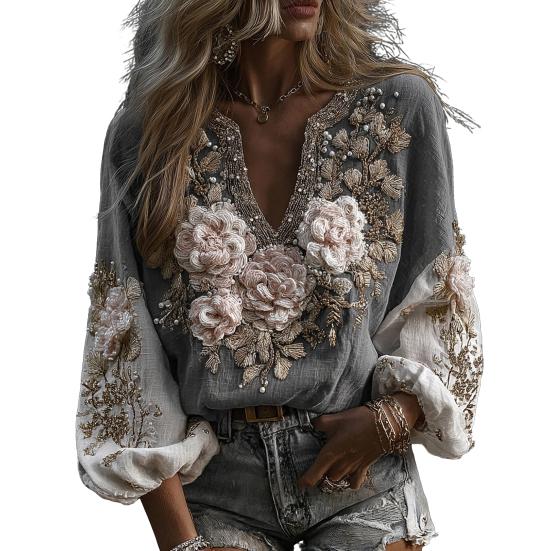 Damen Hemd Oversize V-Ausschnitt Langarm Lässig Frühling Herbst Hemd 3D Blumenmuster Gedruckt Entspannte Passform Hemd Tägliche Kleidung M