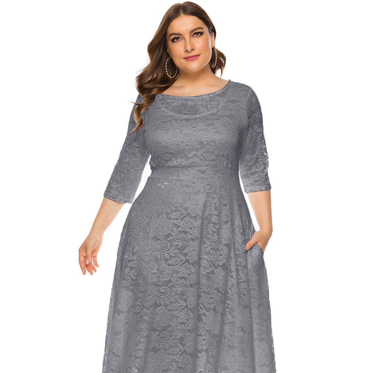 Plus Größe Xl-6xl Neue Mode Beliebte Abendkleid Mittlerer Länge Hohle Spitze Frauen Kleider Rot Weiß Schwarz Blau Grün Kleidung 4XL grau