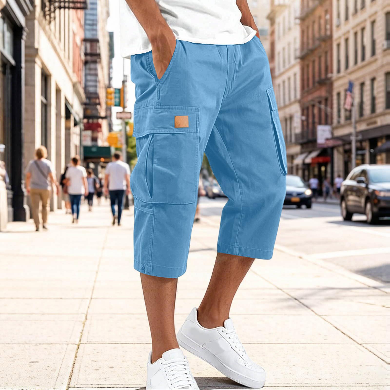 Herren Cargohosen Stretch-Taille Mehrere Taschen Lässige Knielange Shorts Strapazierfähiger Stoff Bequeme Passform XXXL himmelblaue