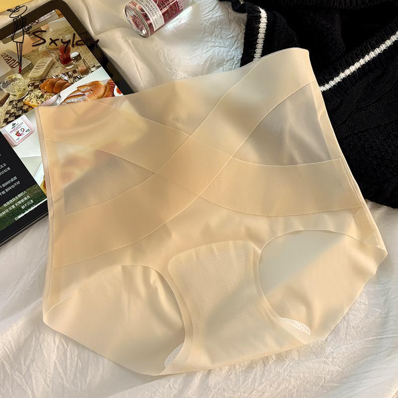 Damen High Waist Nahtlose Slips Neue Eisseide Slips Weiblich Sexy Nahtlose Dessous Hüftlift Unterwäsche Sommer Unterhosen XL/2XL beige