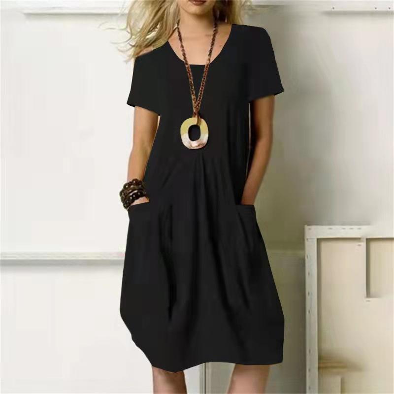 Sommer Großes Damen Baumwoll-Leinen-Kleid Mode Lässig Einfarbig Rundhals Kurzarm Locker Tasche Damenkleider XL schwarz