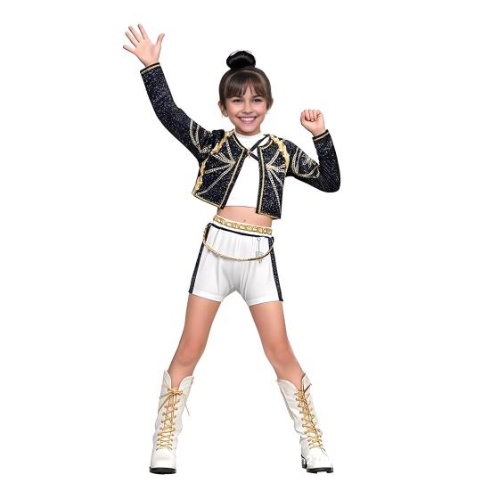 Pop-Sänger Cosplay Kostüm Bühnenauftritt Outfits Mädchen Tanzgruppe Kleidung für Kinder Halloween Karneval Kostüm Party Verkleidung 140cm D