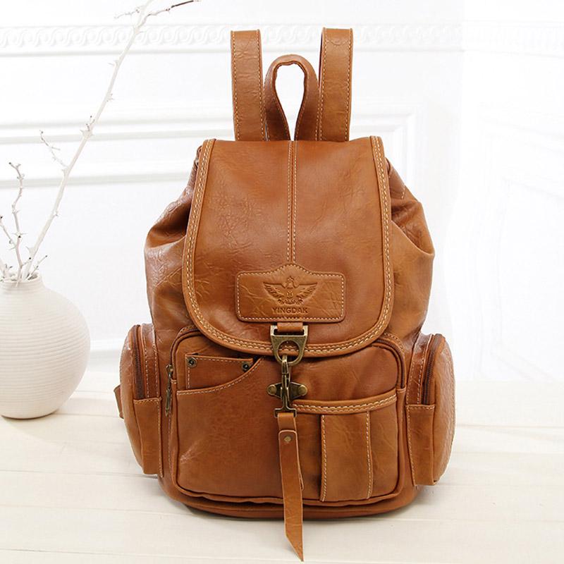 Vintage Retro Damen Rucksack für Mädchen im Teenageralter Schultaschen Große Rucksäcke mit Kordelzug Hochwertige braune Tasche aus PU-Leder gelb