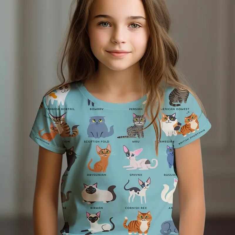 Kinderkleidung Kinder T-Shirt Mädchen Kurzarm Top Cartoon Katze Mädchen Sommerkleidung Kinder T-Shirt Kinderkleidung 130