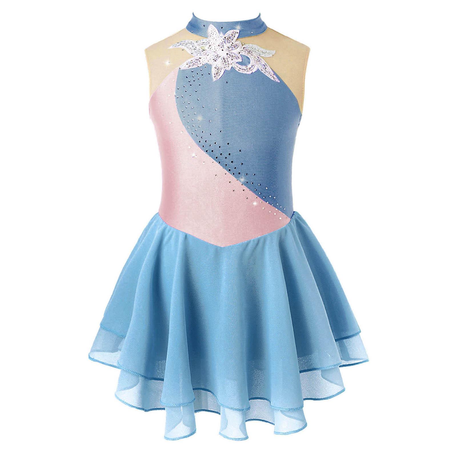 Kinder Mädchen Eiskunstlauf Kleid Strass Mesh Splice Ärmelloses Ballett Tanz Kleid Gymnastik Trikot Leistung Kostüme 11-12 Years rosa/blau