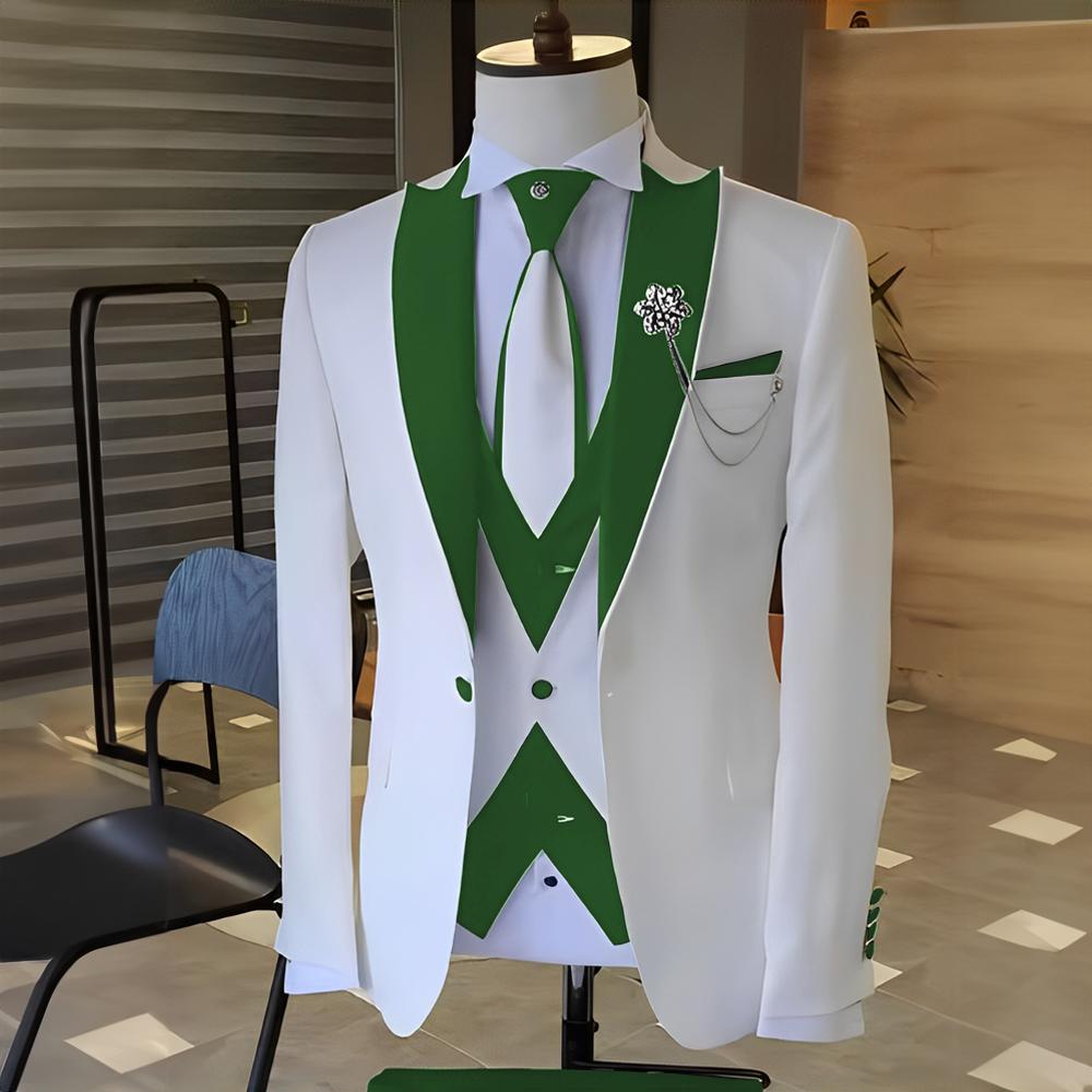 Kostüm Weiß Herren Anzüge Schwarzer Spitzaufschlag Hochzeits Smoking Terno Masculino Abschlussball Bräutigam 3-teilige Schmale Passform Blazer-Sets für Herren M hellgrüne