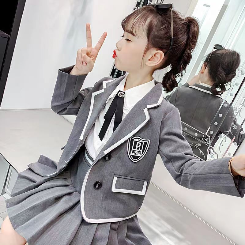 3 teile/satz Mädchen Anzug Frühling und Herbst kinder Lange ärmeln Anzug Rock College Stil Herbst JK Uniform Drei-stück Anzug 160