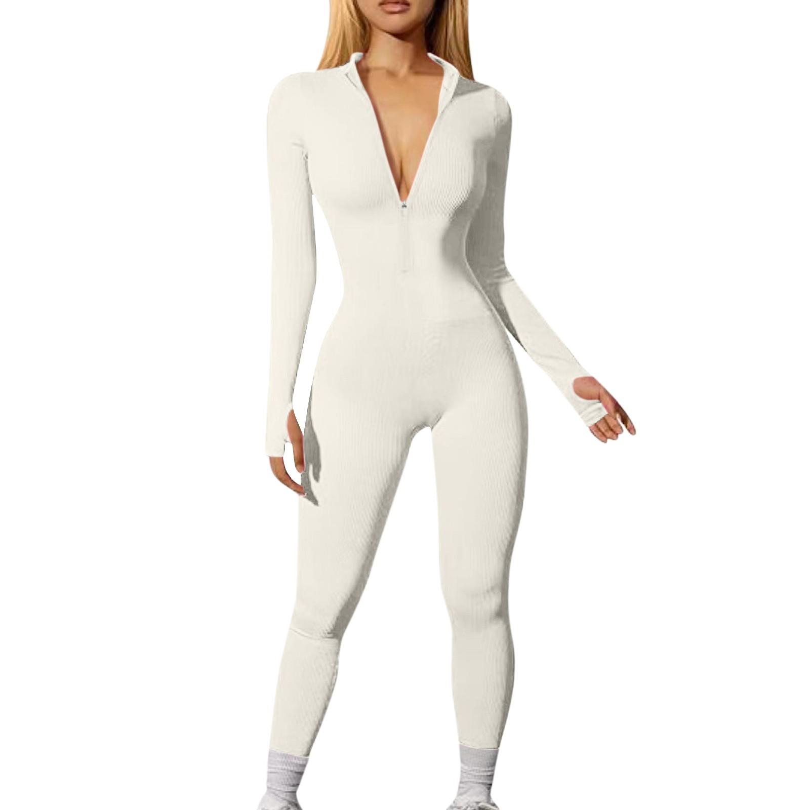 Damen Einfarbig Sport Casual Jumpsuit Langarm Reißverschluss Jumpsuit Lange Hosen Enganliegend XL beige