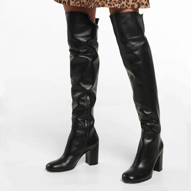 Krazing Pot Kuhfell Herbst Winterschuhe Dicke High Heels Große Größe 45 Größe 44 Größe 46 Ofenrohr Damen Warm halten Europäische Overknee-Stiefel 34 schwarz