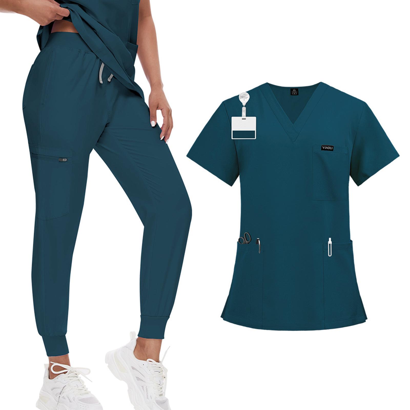 Damen Zwei-Teiler Kasack-Set mit V-Ausschnitt Kurzarm-Oberteil und Jogginghose für Medizinische Uniformen Gesundheitswesen Arbeitskleidung L blau