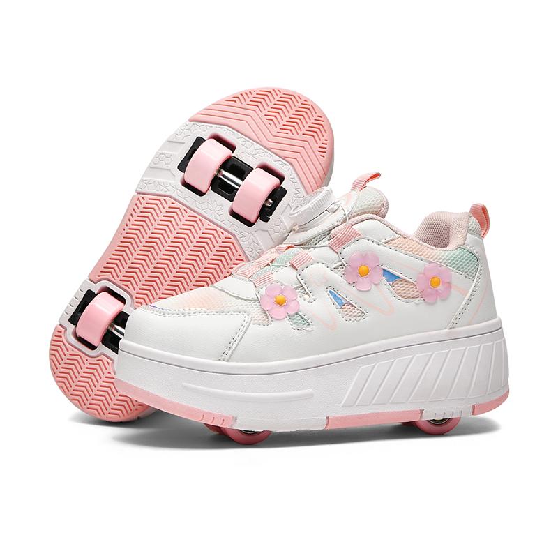 29-39 Drehknopf Vierrad-Skate Rollschuhe Rollschuhlaufen Abnehmbare Studenten-Skateschuhe Kinderschuhe mit Rädern 32 rosa