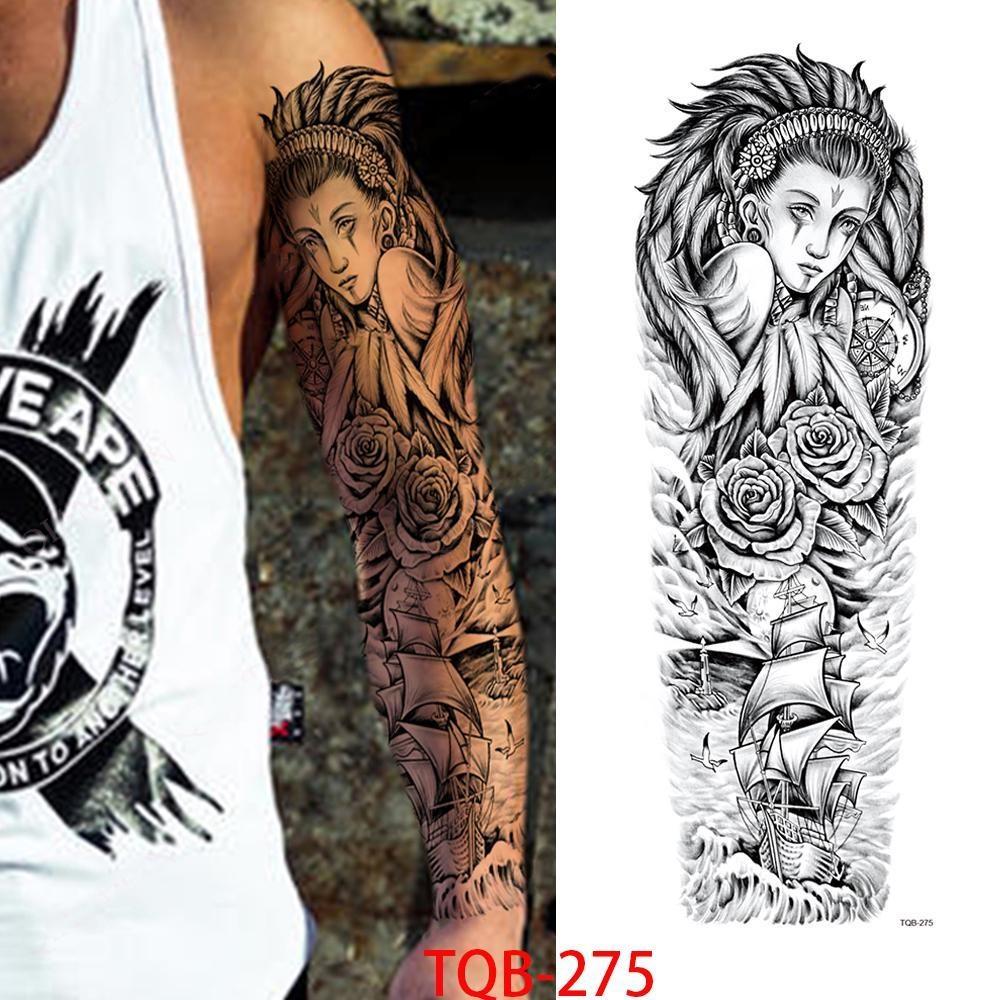 1 STÜCK 480*170 MM Temporäre Tattoo-Ärmel Für Männer Frauen Super Großer Kompass Wolfskopf Auge Gefälschte Löwengott Feder Tattoo Vollen Arm Tattoo Aufkleber TQB-275