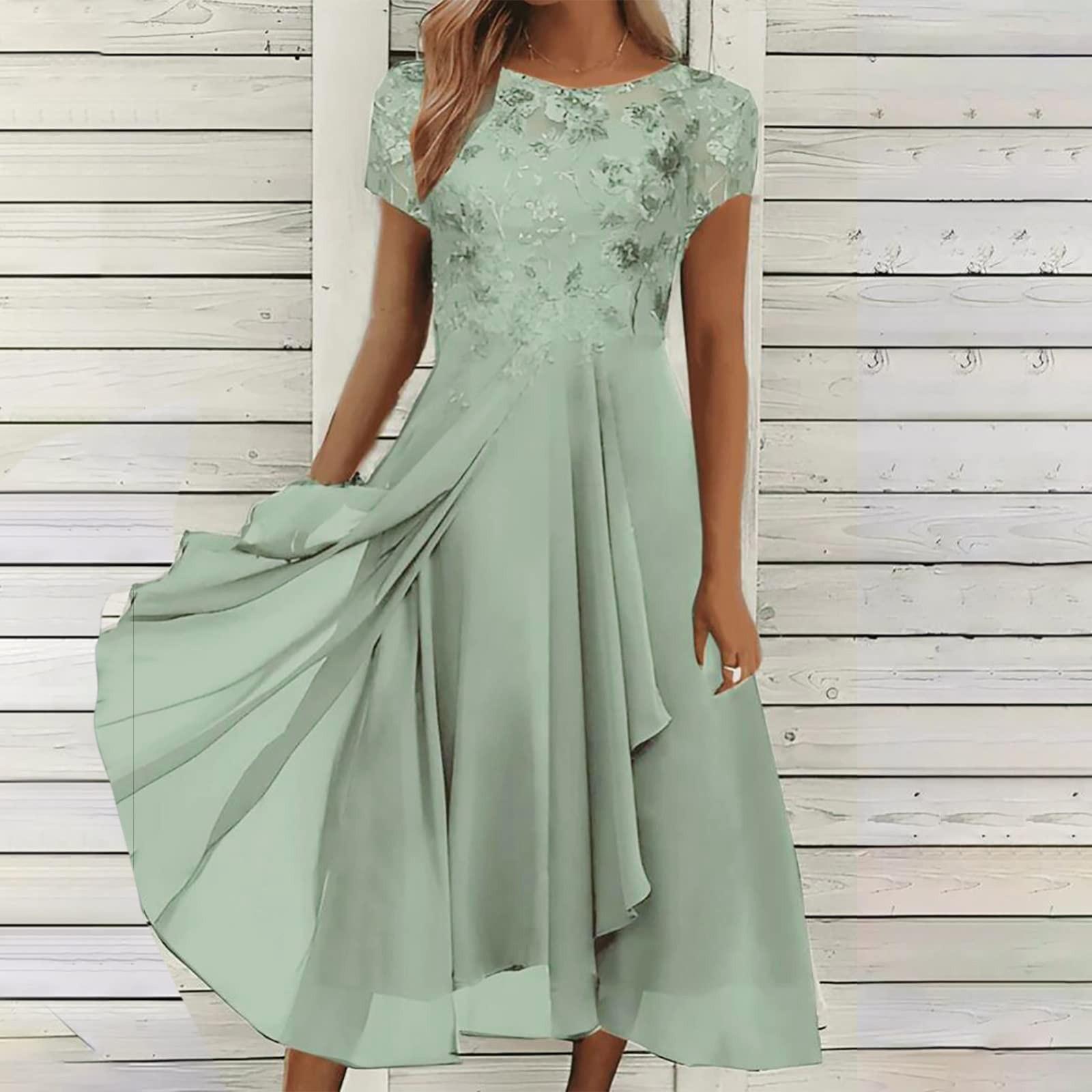 Damen Kleid Chiffon Elegant Spitze Patchwork Kleid Ausschnitt Langes Kleid Brautjungfer Abendkleid M grün