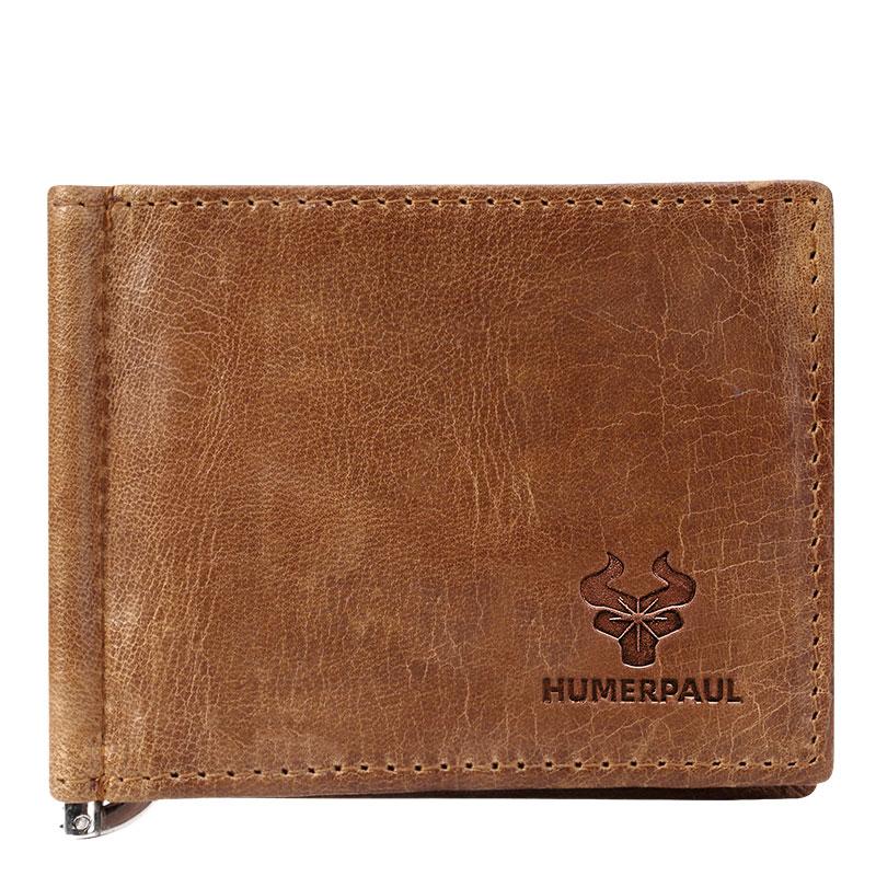 HUMERPAUL Herren-Geldbörse, Leder, leicht, zweifach faltbar, Geldscheinklammer, schlanke modische Geldbörse M braun