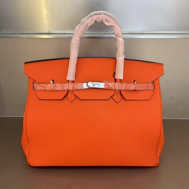 ML2024 Neue Top Layer Rindsleder 40cm Platin Tasche Große Tasche Handtasche Echtes Leder Damen Tasche 40x20x31cm orange/silber