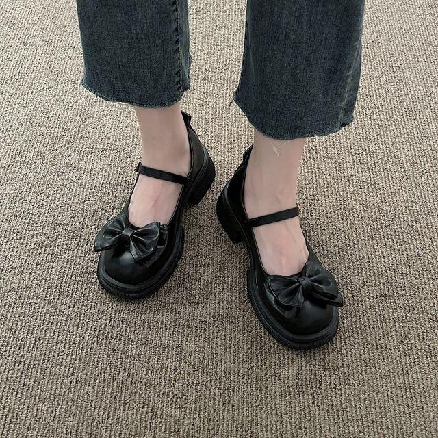 Frühling Neue Bogen Einzelne Schuhe Frauen Dicke Unterseite Quadratischen Kopf Kleine Pu Leder Schuhe Mary Jane Schuhe Hochzeit Schuhe Braut 36