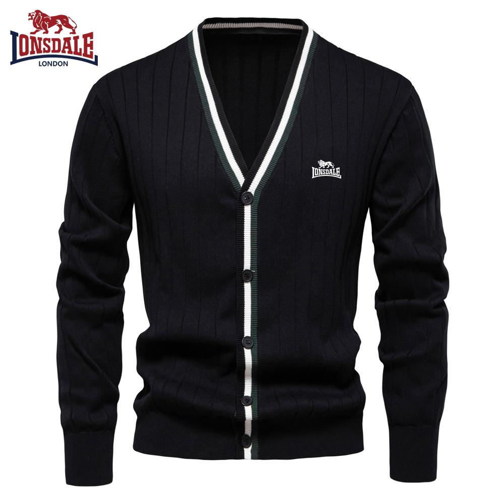 Lonsdale Herbst/Winter Bestickter Herren-Cardigan mit V-Ausschnitt und langen Ärmeln, Strickmantel XL schwarz