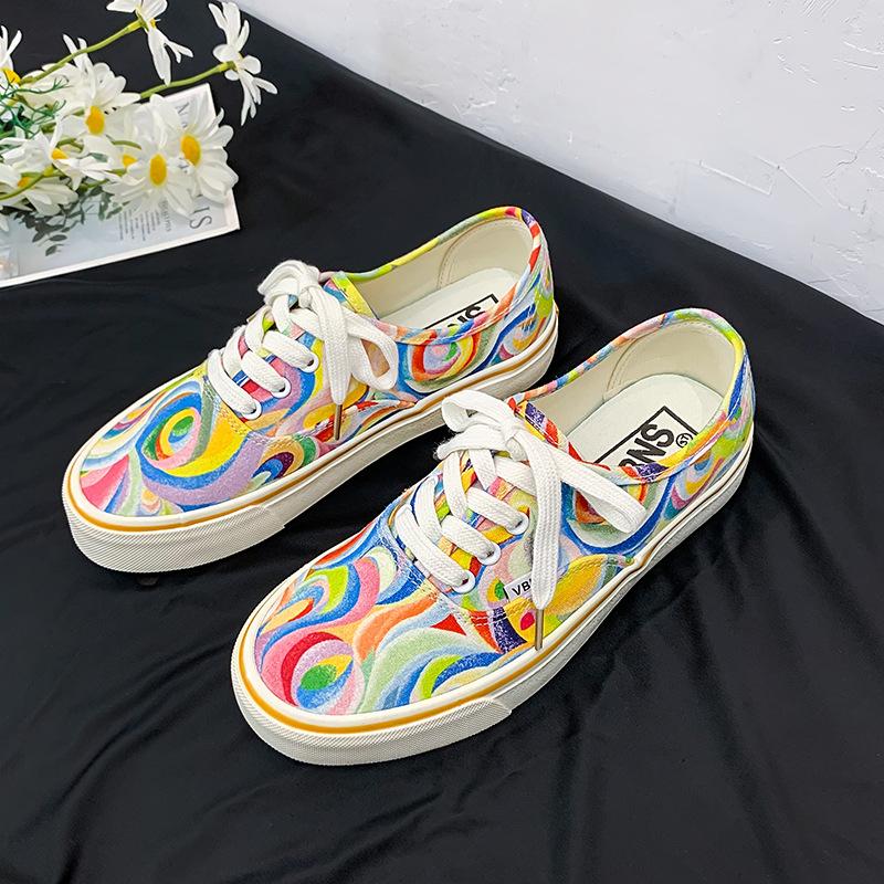 Damen Segeltuchschuhe 2024 Regenbogen-Design Segeltuchschuhe Damen Schnürschuhe Casual Schuhe Damen Graffiti Flache Schuhe Zapatos Mujer 43