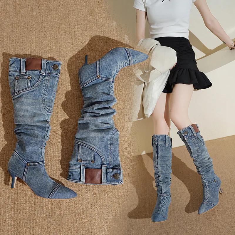 Mode Denim Lange Stiefel Frauen Knie Stiefel Neue 2024 Herbst Winter High Heels Retro Western Hot Girl Cowboy Stiefel Dame Moderne boot Botas 37 blau