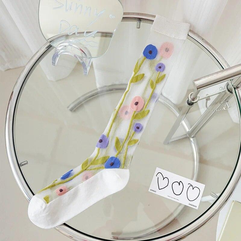 Sommer-Strümpfe aus ultradünnem Nylon, durchsichtige, transparente Kniestrümpfe mit Blumendruck, japanische Kawaii-Strümpfe One Size