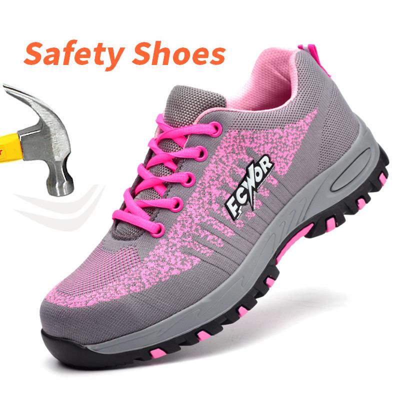 Sicherheitsschuhe für Damen, mit Stahlkappe, Turnschuhe, Durchstichschutz, leichte Stiefel, Damen, Rosa, Größe S 39
