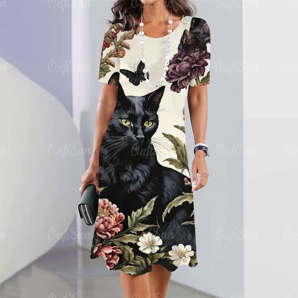 Neue Damenkleider mit Cartoon-Katzen-Aufdruck, Sommerurlaub, elegantes Kleid, kurzärmelige Kleider für Damen, modische übergroße Kleidung XL