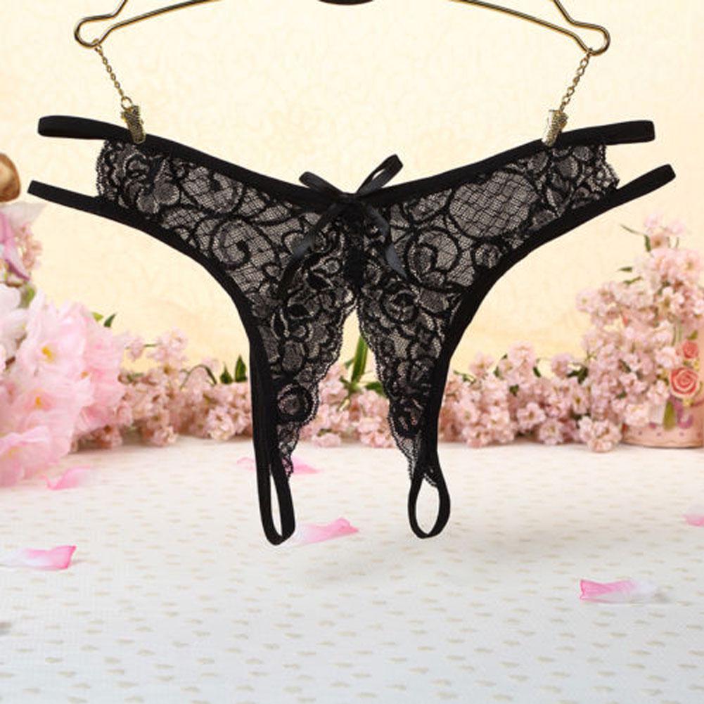 TBH Spitzenhöschen Ouvert Unterwäsche Tangas Damen G-String Blumenschleife Slips schwarz