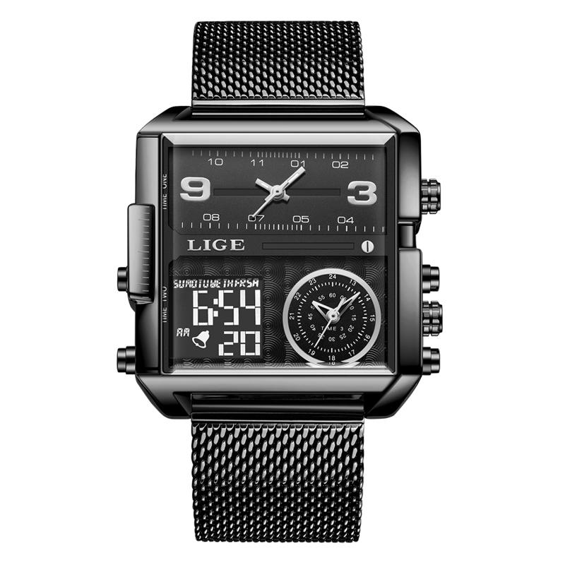 LIGE Top Marke Luxus Herren Uhren Quadratische Digitale Sport Wasserdicht Männer Quarz Armbanduhr schwarz