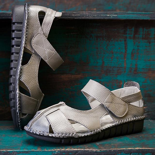 Frauen Echtes Leder Sandalen Bequeme Weiche Sohlen Schuhe Frauen Wohnungen Mode Sommer Schuhe Damen Sandalen 42 graue