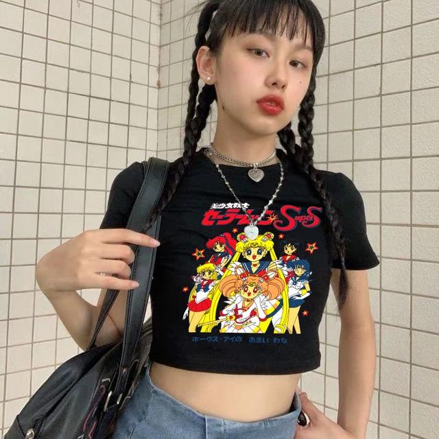 Sailor Moon Print Harajuku Goth Weibliche Frauen T-shirts Kawaii Kurze Anime T Shirt HipHop Sommer Frauen Streetwear Crop Tops Y2k S schwarz