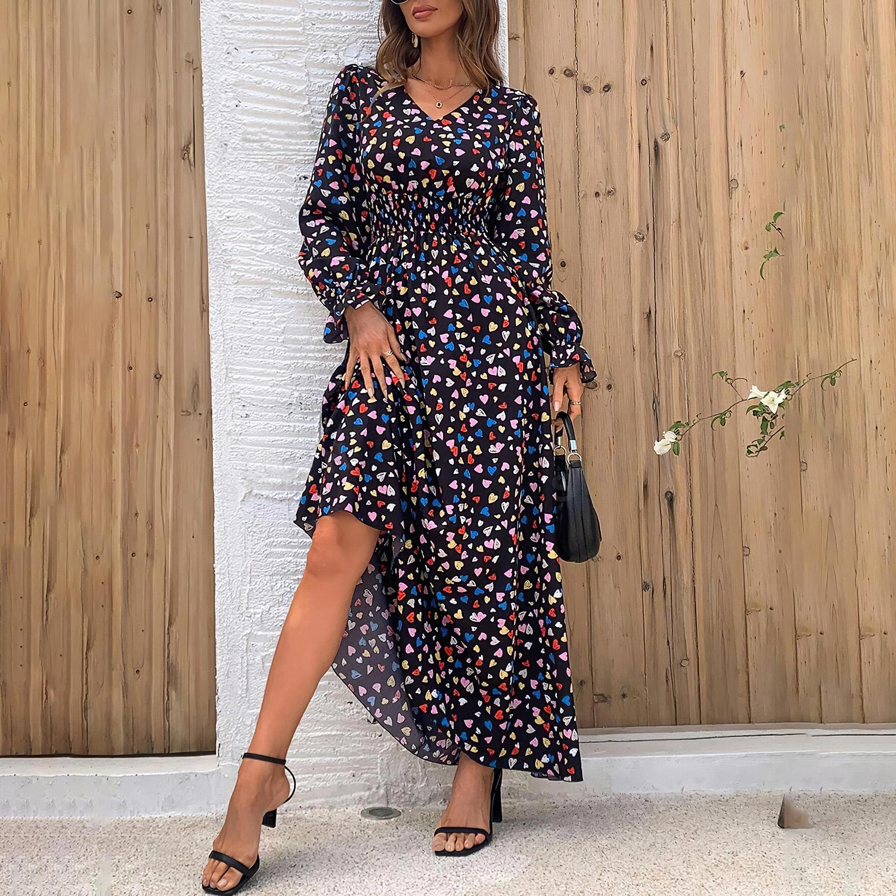 Damen Frühling Langarm Blumendruck V-Ausschnitt Kleid Sommer Lässig A-Linie Knöchellang Elastische Hohe Taille Kleider M schwarz