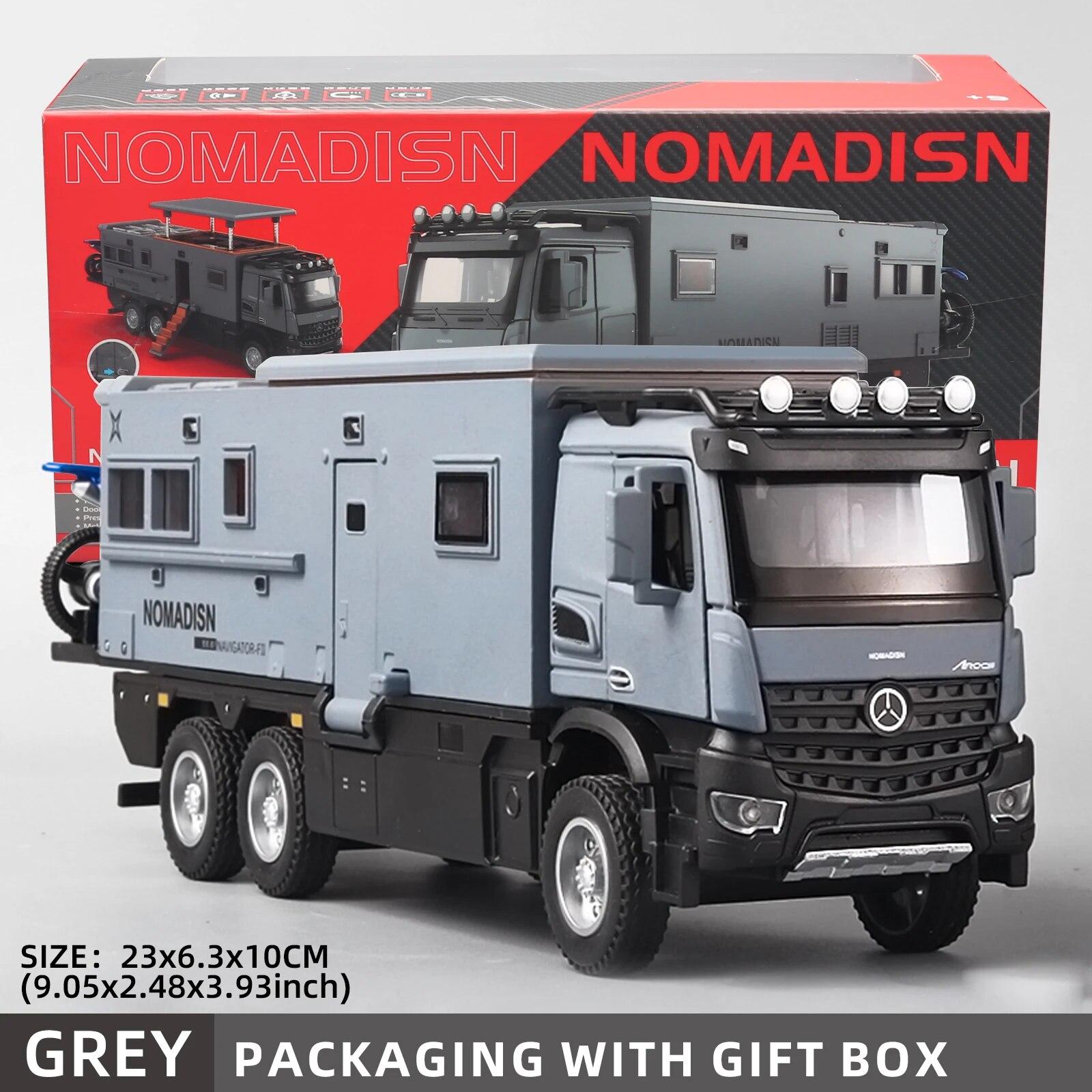 1:24 Mercedes Benz Camper RV Caravan Spielzeug-Modellautos, Druckguss-Pullback-Truck-Spielzeugauto-Modell mit Ton und Licht, geeignet für Kinder, Jungen und Mädchen graue