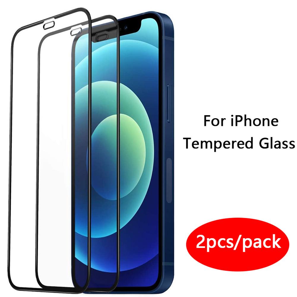 2Pcs Volle Abdeckung Schutz Gehärtetes Glas Für Apple iPhone 14 11 12 13 Pro Max XS XR 12 Mini screen Protector Film iPhone 7 8 14 Plus Glas iphone 12 mini schwarz