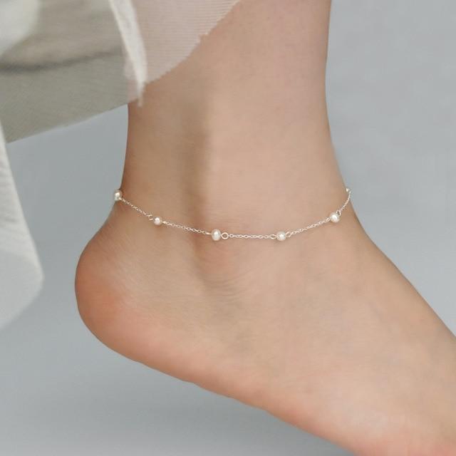 925 Sterling Silber Fußkettchen Natürliche Perle Kette Böhmischen Vintage Schuhe Bein Armbänder Weiblichen Fuß Schmuck weiß