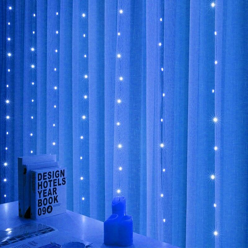 LED-Lichterketten, Weihnachtsdekoration, Fernbedienung, USB, Hochzeit, Girlande, Vorhang, 3 m, Lampe, Urlaub für Schlafzimmer, Glühbirne im Freien, Fee 3M X 1M 105LED blau