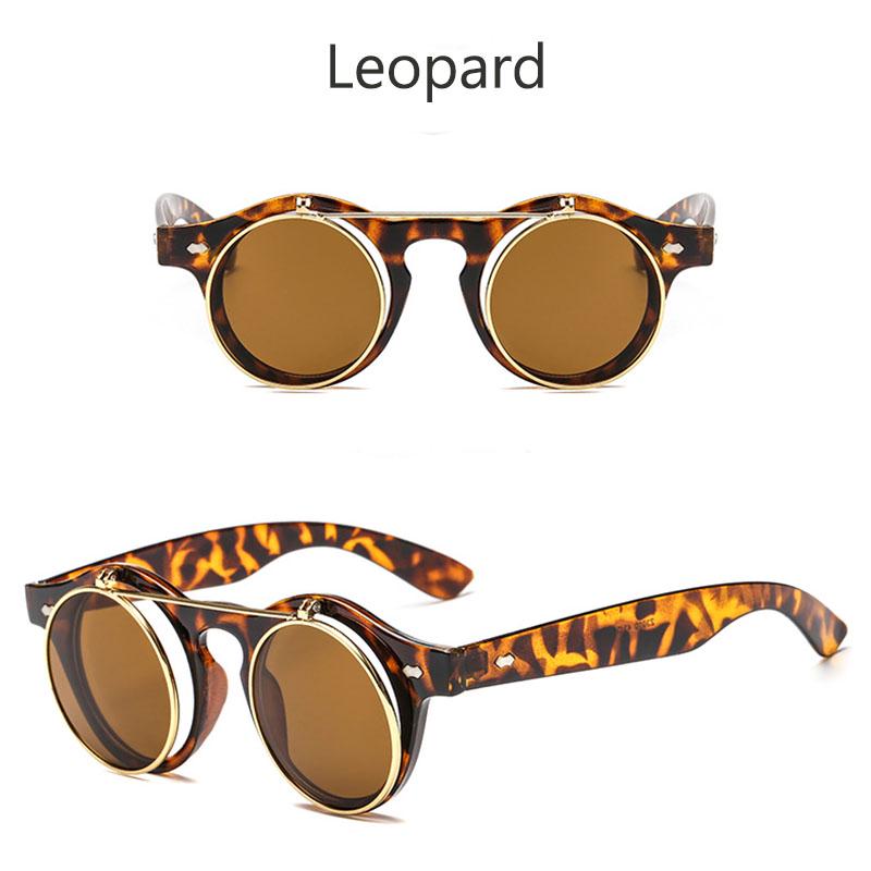Herren Vintage Steampunk-Brille, Unisex, klassische Brille, Damen-Retro-Brille, hochklappbare runde Sonnenbrille leopard