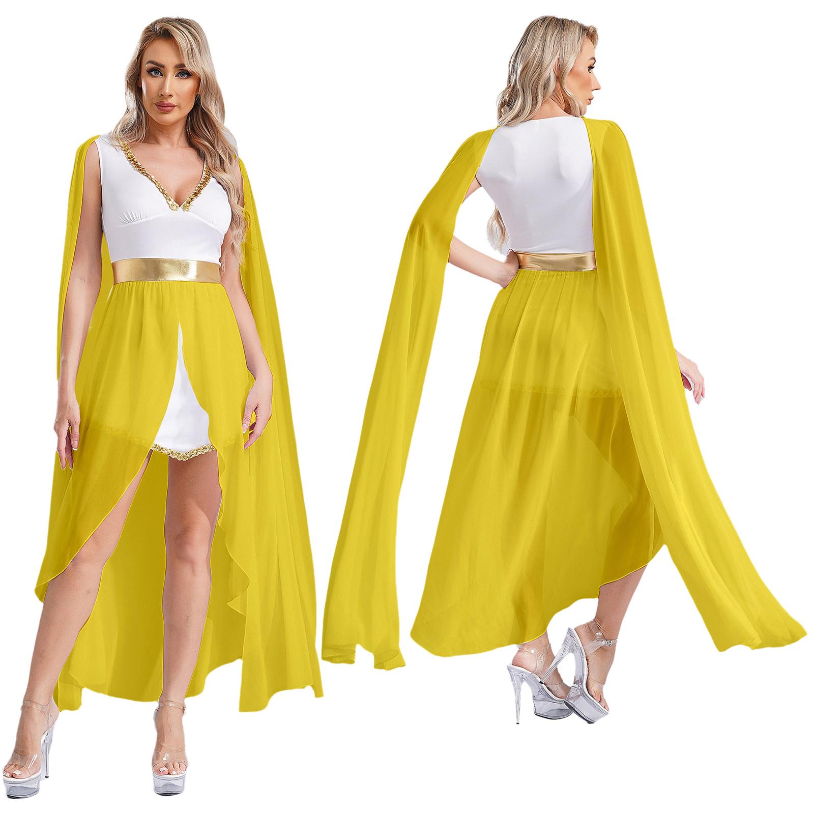 Damen Halloween Cosplay Themen Griechische Prinzessin Königin Kleid Damen V-Ausschnitt Cape Ärmel Pailletten Split Kleid Cosplay Kostüm Römisches Toga Kleid 4XL gelb