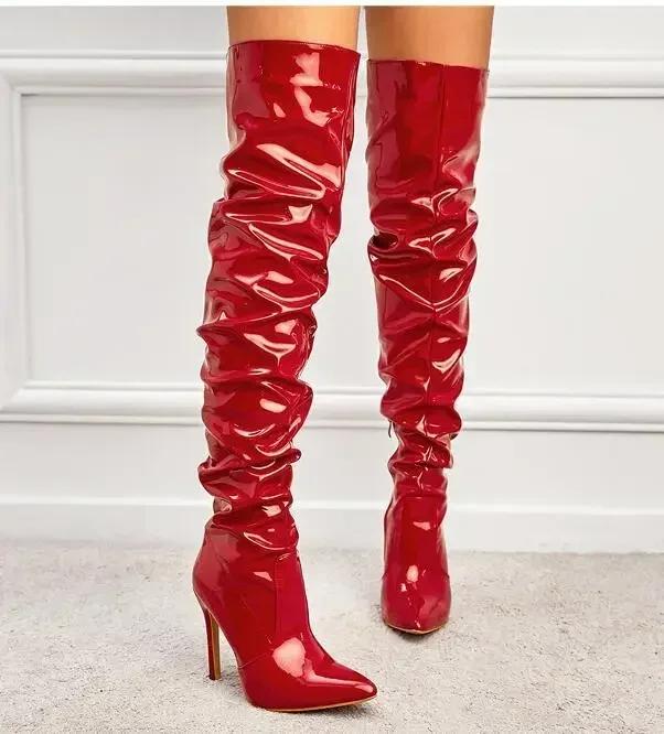 Mode Overknee-Stiefel Damenmode Spitzschuh Schwarz Seitlicher Reißverschluss Dünne High Heels Weibliche Glänzende Plissee High Heel Botas 2024 39 rot