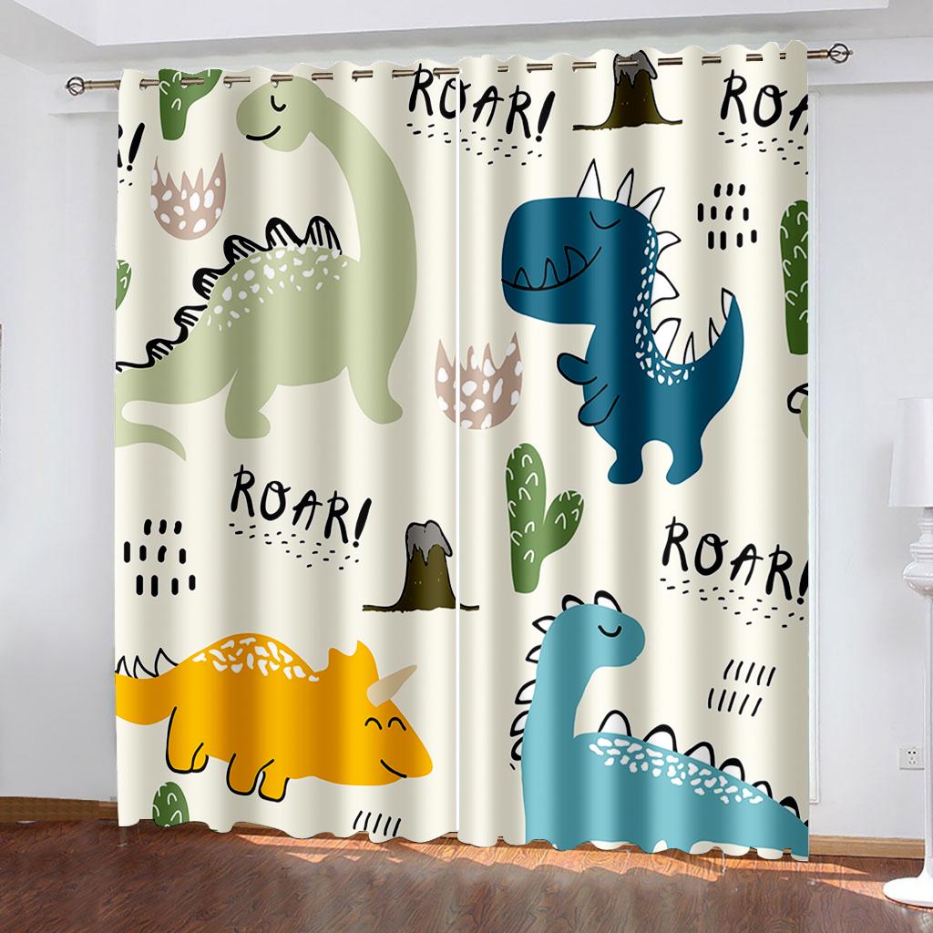 Cartoon Dinosaurier Vorhänge Ideal für Kinderzimmer Vorhänge Fenster Vorhänge Für Wohnzimmer Schlafzimmer Jalousien Kinderzimmer Heimdekoration W65X60H(cm)X2Pcs&Hook