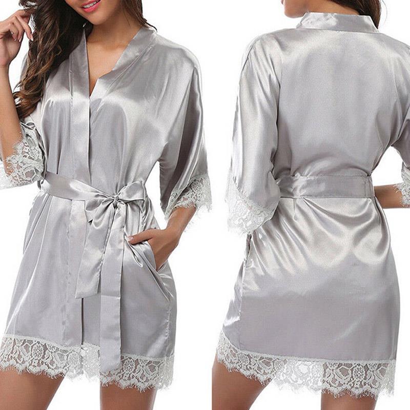 Damen-Sommer-Sexy-Nachthemd, schlichte Seiden-Satin-Roben, Braut, Hochzeit, Brautjungfer, Brautkleid, Bademantel silber grau