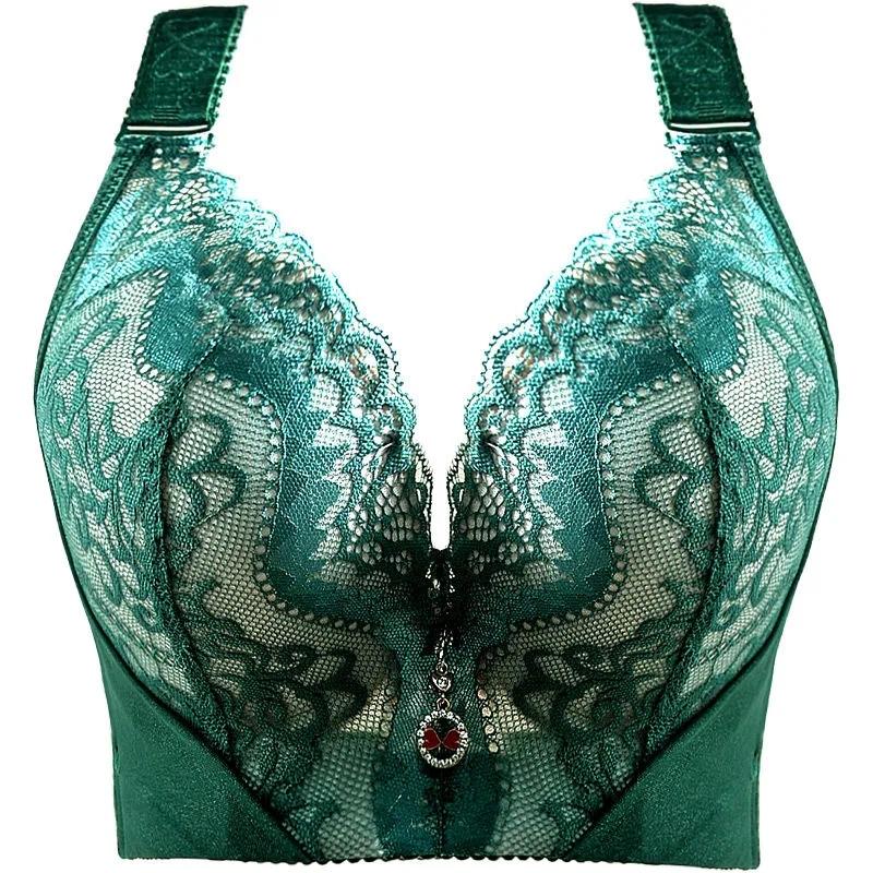Plus Größe Sexy Push-Up Bh 34-46 CD Tasse Stickerei Spitze Bhs Frauen Versammelt Bralette für Große Brust büstenhalter Weibliche Dessous Top 38/85D grün