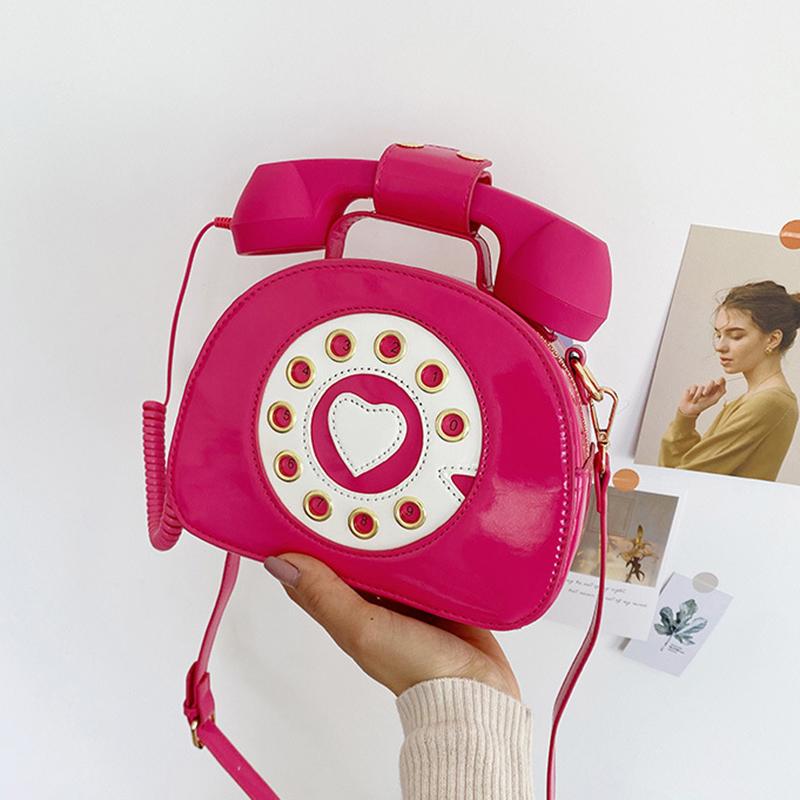 Yogodlns Kreative Damen-Umhängetasche, Telefonförmige Umhängetasche, Retro-PU-Leder, Designer-Sweet-Girl-Telefon-Geldbörsen und kleine Handtasche 21x9x16cm heißes rosa