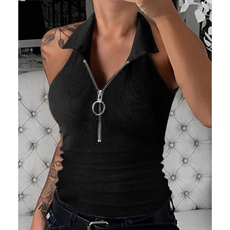 Sommer Casual Grundlegende Tank Tops Ärmellose Mode Frauen Einfarbig Streetwear Shirts Zipper Weste Blusen Für Frau 25098 M schwarz