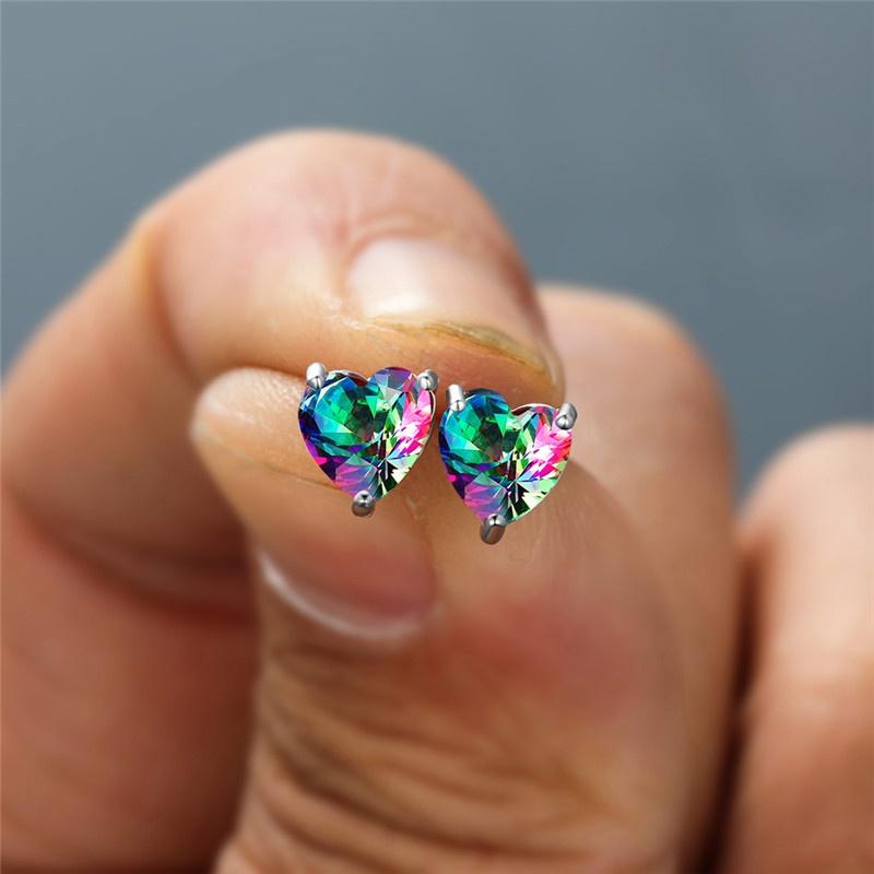 10 Farben herzförmiger Geburtsstein, Regenbogenstein, silberfarbene Ohrstecker für Damen, Schmuck, Geschenke bunt
