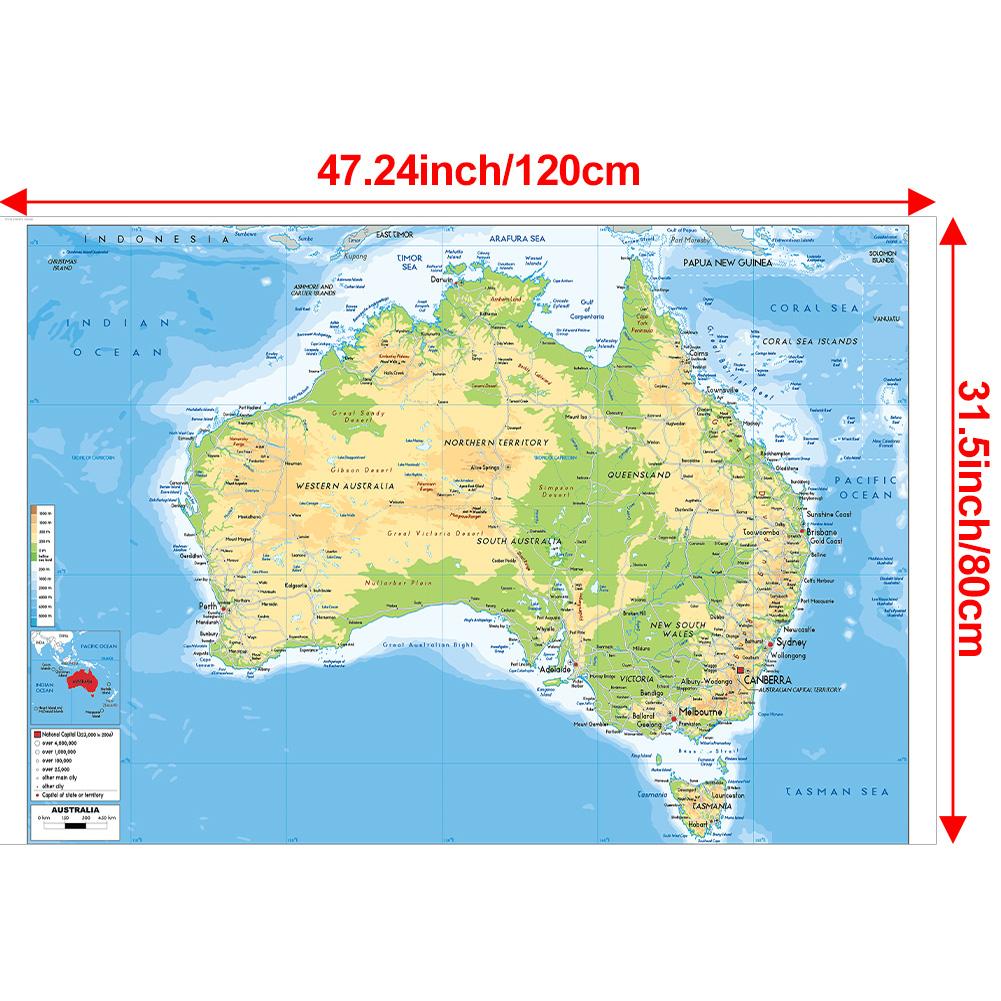 Rahmenlose Karte von Australien-Geografische Karte,Wanddeko,Studium,Geschenk,Studien-& Reiseplanung,Pädagogische Wandkunst,Heimdekoration 120*80cm