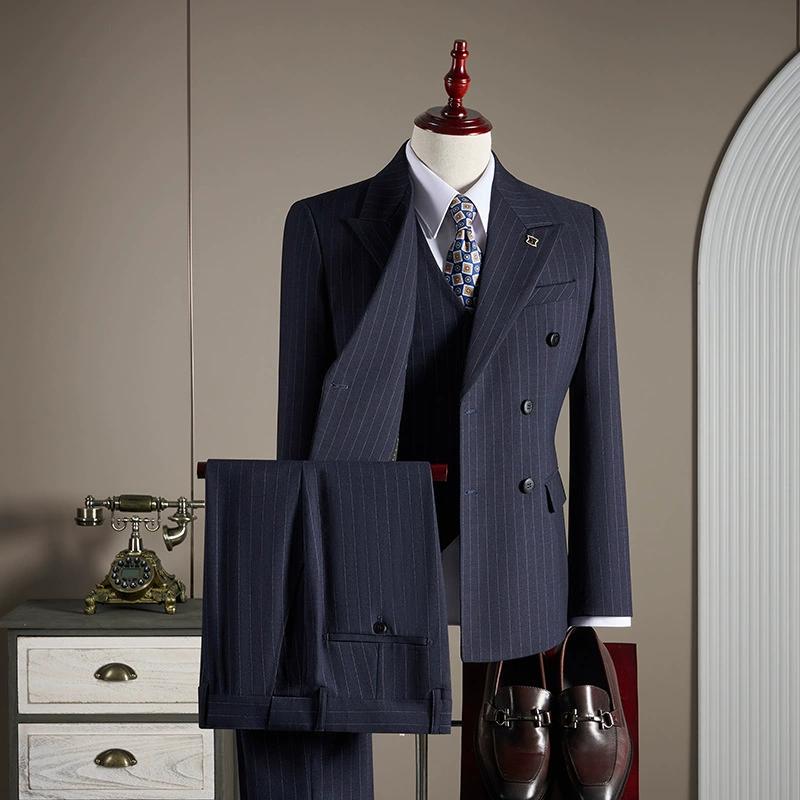 Herren Streifenanzug Dreiteiliger Anzug, Hochwertiger zweireihiger Anzug, Business-High-Definition-Westernanzug mit Fliege S navy blau