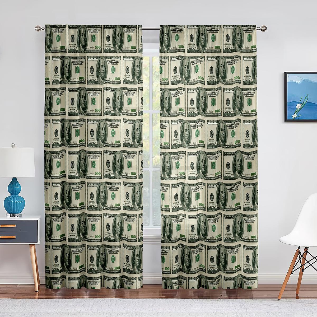 Geld Transparenter Voile Vorhang Benjamin Franklin 100 Dollar Schein Tüll Fenstervorhänge für Schlafzimmer Wohnzimmer Küchendekor Vorhänge 100W130H(CM)40x51in&Grommet Top